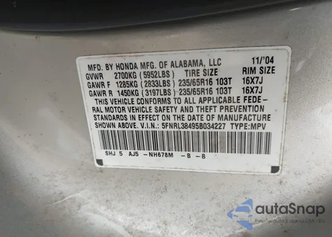 2005 Honda Odyssey Ex z USA, uszkodzony, nr VIN 5FNRL38495B034227
